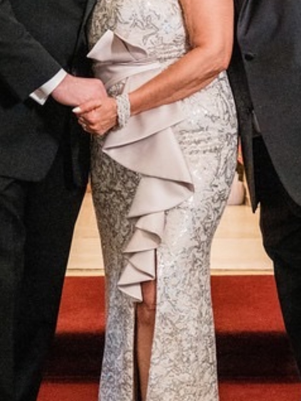 Silver Sequin Ruffle Front-Slit gown